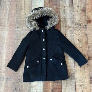 Faux Fur Hooded Black Coat With Snap Buttons & Pockets